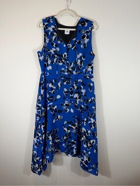 CAbi Blue Floral Midi Dress with Black & White Accents Size Medium